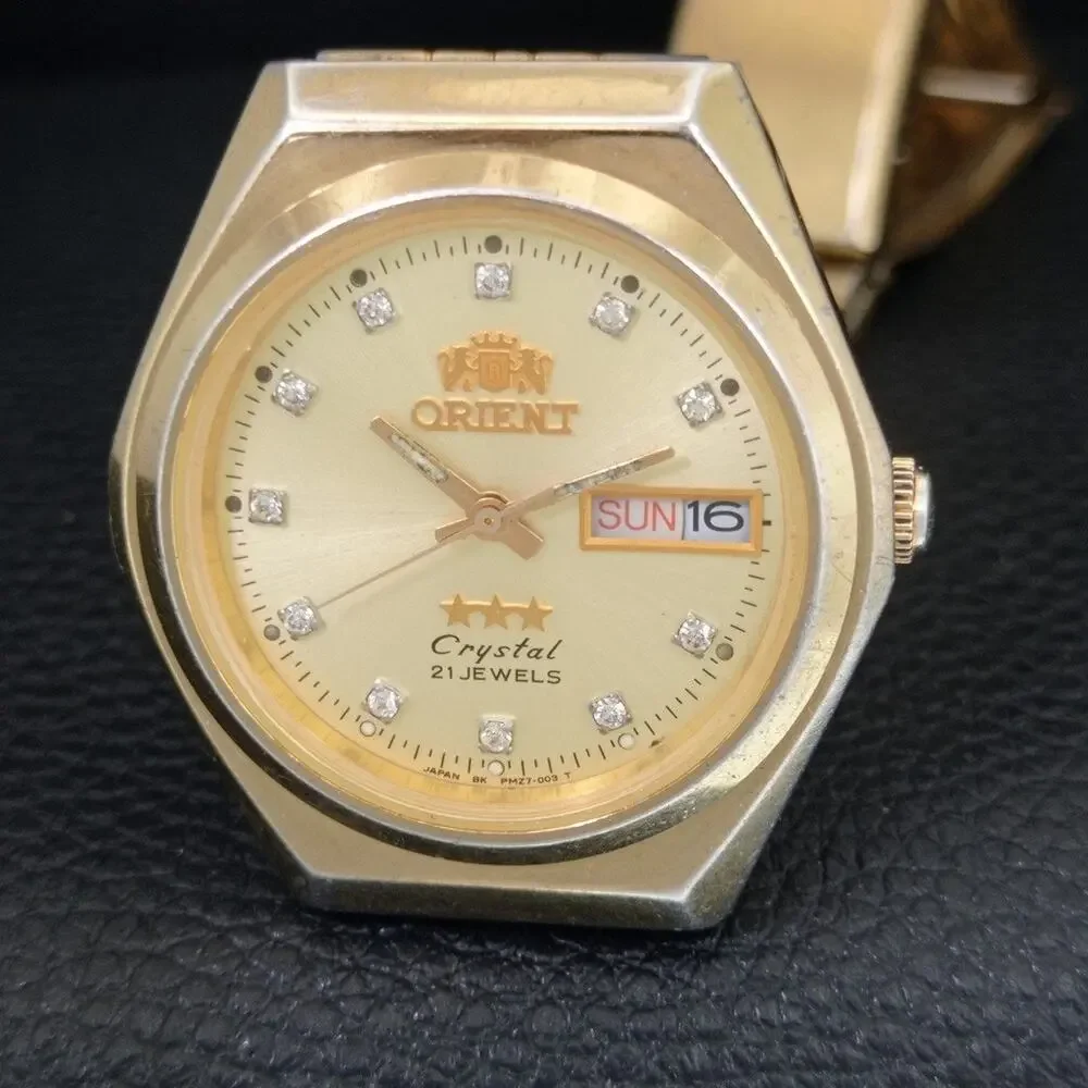 Vintage 1976 Orient Automatic Mens Gold Watch W/daydate & Diamond accents